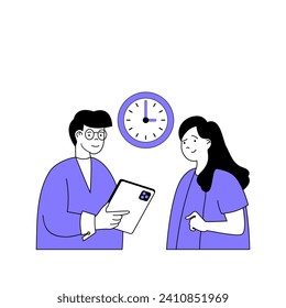 Concepto de trabajo en equipo con caricaturas en diseño plano para web. Un hombre y una mujer intercambiando ideas sobre el proyecto y el desarrollo de la empresa. Ilustración vectorial para banner de medios sociales, material de marketing.