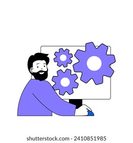 Concepto de trabajo en equipo con caricaturas en diseño plano para web. El hombre trabaja con equipo en compañía, haciendo optimización y mejora. Ilustración vectorial para banner de medios sociales, material de marketing.