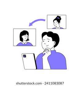 Teamwork concept with cartoon people in flat design for web. Man connecting with women colleagues via video call and discussing work. Vector illustration for social media banner, marketing material.