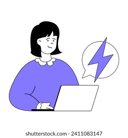 Concepto de trabajo en equipo con caricaturas en diseño plano para web. Una mujer que toma lluvia de ideas y se inspira mientras conversa con un colega. Ilustración vectorial para banner de medios sociales, material de marketing.