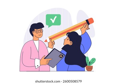 Teamwork concept with cartoon people in flat design for web. Man and woman brainstorming and finding new ideas for project, supporting colleagues, working with best motivation. Vector illustration.