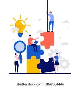 Teamwork concept with character. Coworker putting jigsaw puzzle together. Successful problem solving. Smart management. Modern flat style for landing page, mobile app, infographics, hero images.