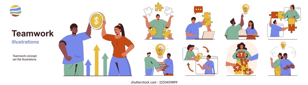 Teamwork concept with character situations collection. Bundle of scenes people cooperate, help and support each other, find joint solutions and partnerships. Vector illustrations in flat web design