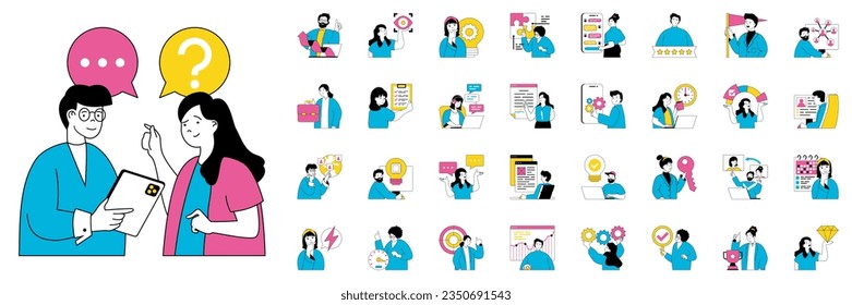 Teamwork concept with character situations mega set. Bundle of scenes people brainstorming, discussion tasks, creating business vision, colleague chat, other. Vector illustrations in flat web design