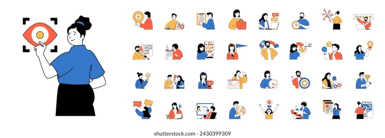 Teamwork concept with character situations mega set in flat web design. Bundle of scenes people brainstorming with colleagues, work and collaboration, makes project to deadline. Vector illustrations.