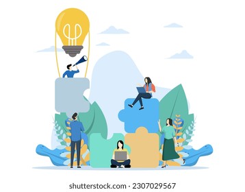 Teamwork concept, with characters working together connecting puzzle elements, solving problems, Suitable for landing page, ui, web, editorial, flyer and banner, Vector Illustration.