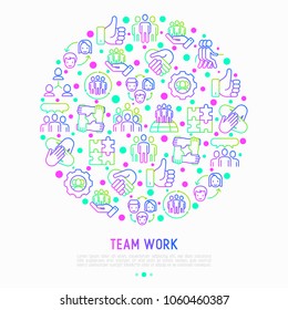 Teamwork concept in circle with thin line icons: group of people, mutual assistance, meeting, handshake, tug-of-war, cooperation, puzzle, team spirit, cooperation. Vector illustration for banner.