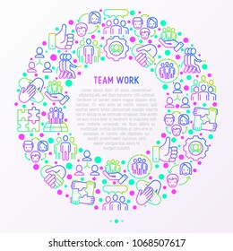 Teamwork Concept In Circle With Thin Line Icons: Group Of People, Mutual Assistance, Meeting, Handshake, Tug-of-war, Cooperation, Puzzle, Team Spirit, Cooperation. Vector Illustration For Print Media.