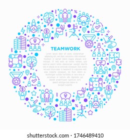 Teamwork concept in circle with thin line icons: relay race, brainstorm, success, meeting, idea share, collaboration, joint project, unity, support, delegation, bonus. Modern vector illustration.