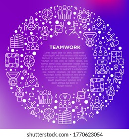 Concepto de trabajo en equipo en círculo con iconos de línea delgada: carrera de relevos, brainstorm, éxito, reunión, intercambio de ideas, colaboración, proyecto conjunto, unidad, apoyo, delegación, bono. Ilustración vectorial moderna.