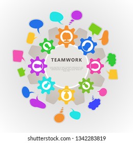 Teamwork concept with cogwheel, people icon avatar and speech bubbles. Banner template design for business team, analysis, project management and cooperation. Copy space. Flat vector illustration