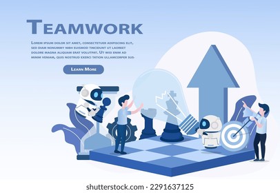 Teamwork concept. Collaboration between businessman and AI robot working together to improve management, develop strategies, tactics and support for business success. Vector illustration.