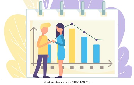 Teamwork concept, colleagues greet each other. Development of a business plan. Woman and man office workers communicate, collaboration and discussion graphical business report with data charts