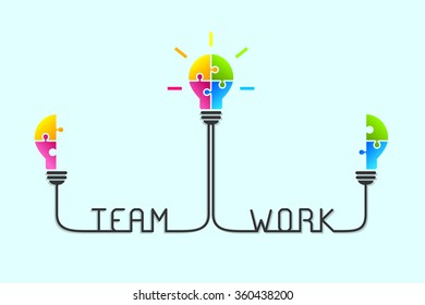 Teamwork concept. Colorful lightbulb made of jigsaw puzzle as idea and accomplishment symbol.