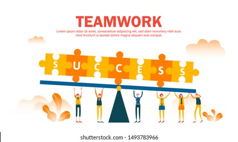 Teamwork concept with connecting puzzle and success word. Flat people holding the scales of jigsaw to successful goal. Symbol of cooperation, collaboration, partnership, balance. - Vector