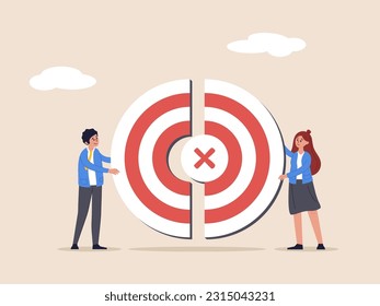 Concepto de trabajo en equipo. Conexión de dos mitades de rompecabezas objetivo, cooperación con personajes de la gente. Ilustración vectorial plana.