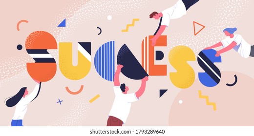 
Teamwork concept. Contemporary flat style vector illustration of people with abstract letters making word "success". Isolated on background