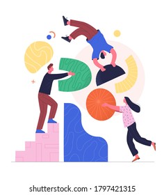 Teamwork concept. Contemporary flat style vector abstract illustration of young people in casual clothes doing a job together. Isolated on background