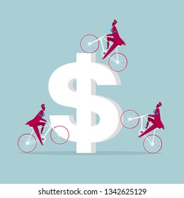 Teamwork concept. Cooperate to make money. Isolated on blue background.