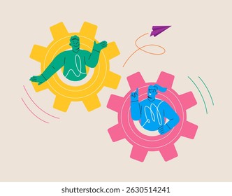Teamwork concept. Cooperation, partnership. Colleagues in gears. Colorful vector illustration
