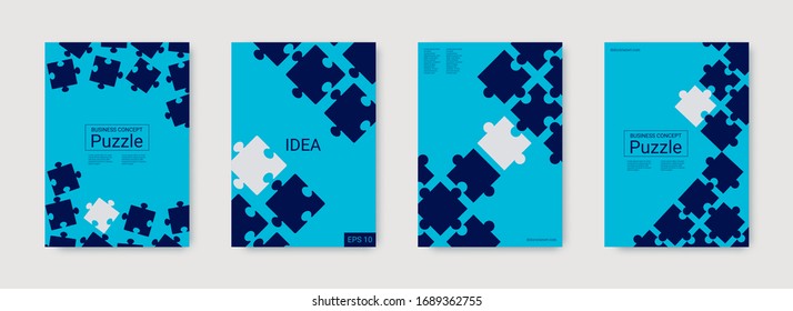 Teamwork concept. Corporative work concept. Set of business covers. Colorful teamwork concept. Jigsaw puzzle geometric flyer. Trendy vector poster. Bright digital banner.