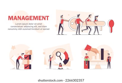 Teamwork concept with coworking and office work symbols flat vector illustration