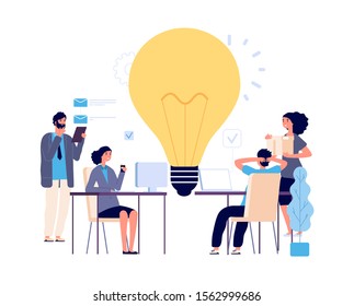 Teamwork concept. Creative idea, working process vector illustration. Flat business characters, brainstorm, implementation of new idea. Men women at work