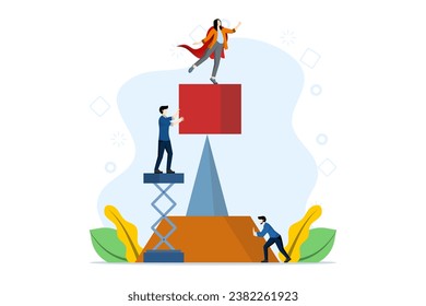 Teamwork Concept Creative People Working Together to Achieve Goals, Pyramid Building a Successful Traumteam, Frauenführer in Red Coat stehend on Top, Business Development Teamwork.
