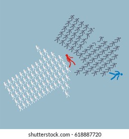 Teamwork concept. The crowd of workers follows the leader of the team overcoming competitors. vector illustration.