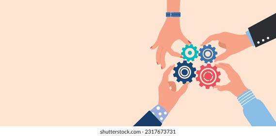 Diseño de concepto de trabajo en equipo, conexión de engranajes, herramientas de engranajes de mano, trabajo en equipo 