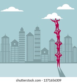Teamwork concept design. A group of businessmen lifting the clouds.