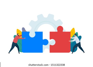 Teamwork concept design. People connecting puzzle elements. Business metaphor. Vector cartoon illustration isolated on white background.