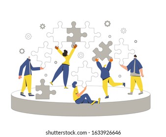Teamwork concept. Different coworkers make business projects together metaphor. People with puzzles pieces scene. Vector flat illustration.