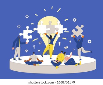 Concepto de trabajo en equipo. Diferentes compañeros de trabajo hacen proyectos de negocios juntos. Reunión de reflexión, presentación, cooperación, reunión. Gente sosteniendo piezas de rompecabezas. Metáfora de construcción de equipos. Ilustración plana del vector