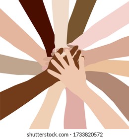 Teamwork concept with different race hands putting together and hold hand