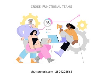 Teamwork concept. Diverse characters collaborate in a cross-functional team, enhancing productivity with technology. Progress graph element. Vector illustration.