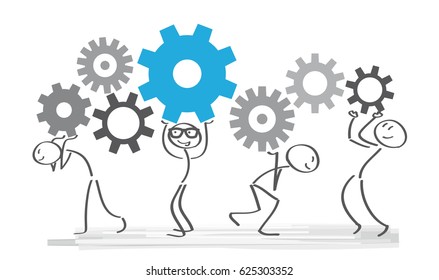 Teamwork concept. Diverse People holding gears