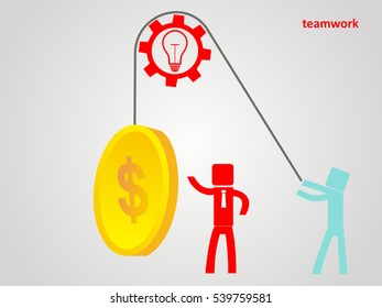 teamwork concept - an employee raises a coin on a rope