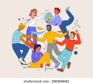 Teamwork-Konzept. Die Mitarbeiter arbeiten im Büro zusammen. Männer und Frauen arbeiten zusammen, diskutieren Aufgaben, erzeugen neue Ideen und brainstorming. Erfolgreiche Teamkommunikation. Vektorgrafik-Zeichenillustration