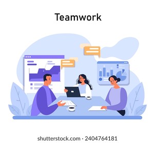 Teamwork-Konzept. Engagierte Kollegen arbeiten an digitalen Projekten, teilen Erkenntnisse und strategisch für den Erfolg. Produktive Bürosynergie. Flache Vektorgrafik.