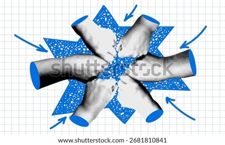 Teamwork concept. Fist bump. Friendly greeting. Modern collage. Team building. Creative collaboration. Employee meeting for motivation. Partnership with support. Team synergy