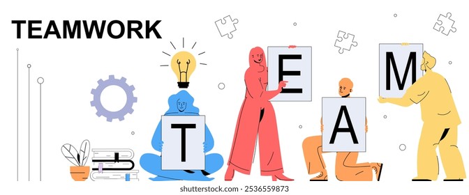 Teamwork concept in flat cartoon design for web banner. People work together in collaboration, supporting each other, connecting project blocks, brainstorming and develop startup. Vector illustration.