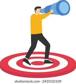 Teamwork concept, flat design for building organizational success By setting proper marketing targets. businessman using laptop and binoculars. flat vector illustration.