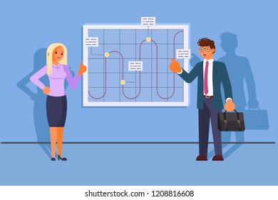 Teamwork concept in flat design. Businessman and businesswoman characters discuss business development. Vector illustration eps 10