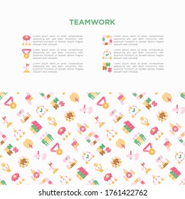 Teamwork concept with flat icons: relay race, brainstorm, success, meeting, idea share, collaboration, joint project, unity, support, delegation, bonus. Modern vector illustration.