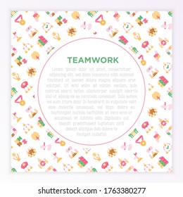 Concepto de trabajo en equipo con iconos planos: carrera de relevos, brainstorm, éxito, reunión, intercambio de ideas, colaboración, proyecto conjunto, unidad, apoyo, delegación, bono. Ilustración vectorial moderna.