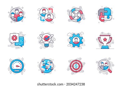 Teamwork concept flat line icons set. Leadership and collaboration in business. Bundle of colleague, brainstorming, discussion, trophy and other. Vector conceptual pack outline symbols for mobile app