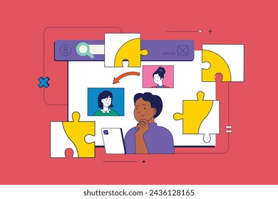 Concepto de trabajo en equipo en diseño de neo brutalismo plano para web. Hombre y mujer trabajan juntos a través de videollamadas, colegas y cooperación en equipo. Ilustración vectorial para banner de redes sociales, material de marketing.