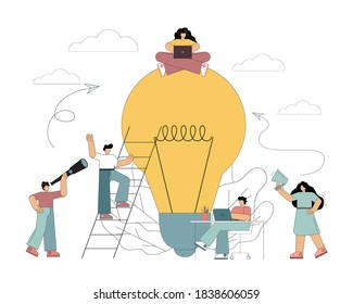 Teamwork concept, flat people surrounded a big light bulb in search of ideas, group problem solving. Vector isolated illustration on white background.