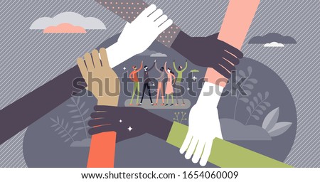 Teamwork concept, flat tiny persons vector illustration. Team members group ready to work and reach the goals. Hands locked together symbol. Diverse partnership startup or social community project.